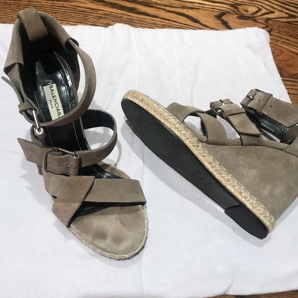 Balenciaga Double Buckle Strappy Taupe Suede Wedge - Picture 1 of 4